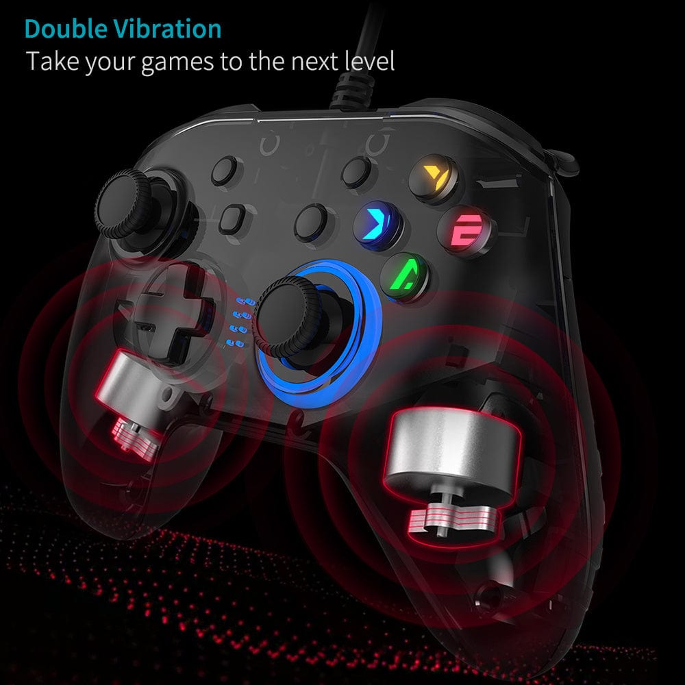 Doba wired gaming controller with dual vibration, compatible with PC, PS3, Android, and Switch, featuring ergonomic joystick and buttons.