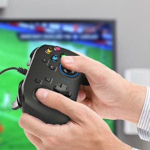 Doba wired gaming controller with dual vibration, compatible with PC, PS3, Android, and other devices, featuring ergonomic joystick design.