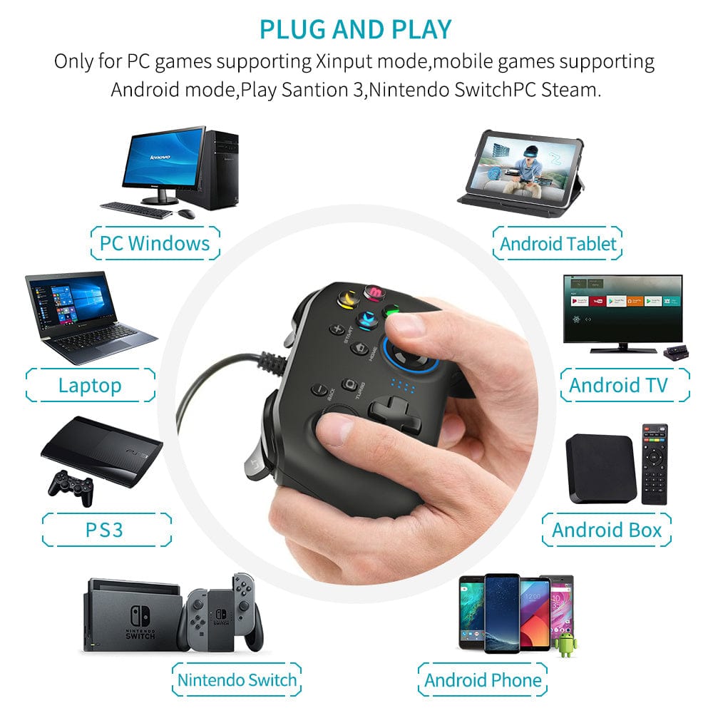 Doba wired gaming controller with dual-vibration joysticks, compatible with PC, PS3, Android, and other gaming devices.