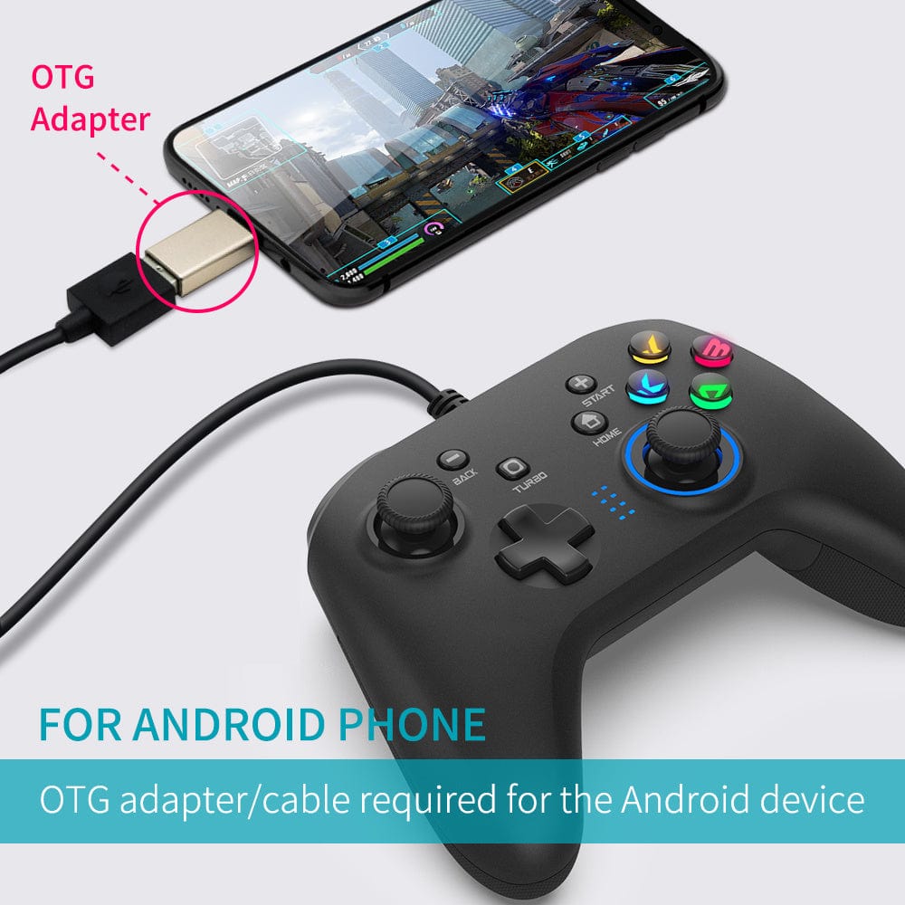 Doba wired gaming controller with dual vibration, compatible with PC, PS3, Android, and other devices, featuring joystick and gamepad design.