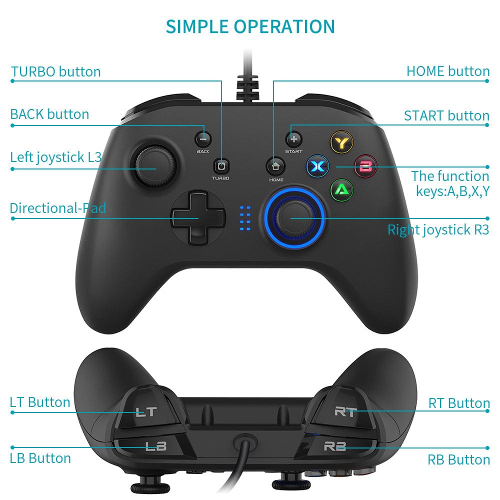 Doba wired gaming controller with dual-vibration joysticks, compatible with PC, PS3, Android, and other devices.