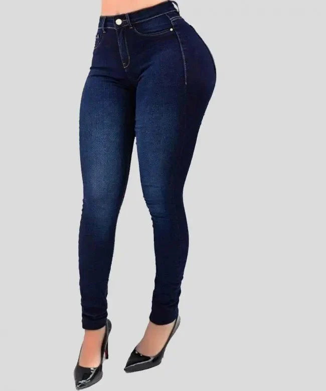 Showlu Fashion Women's high waist skinny denim jeans, slim fit cotton pants showcasing a stylish, figure-shaping design.
