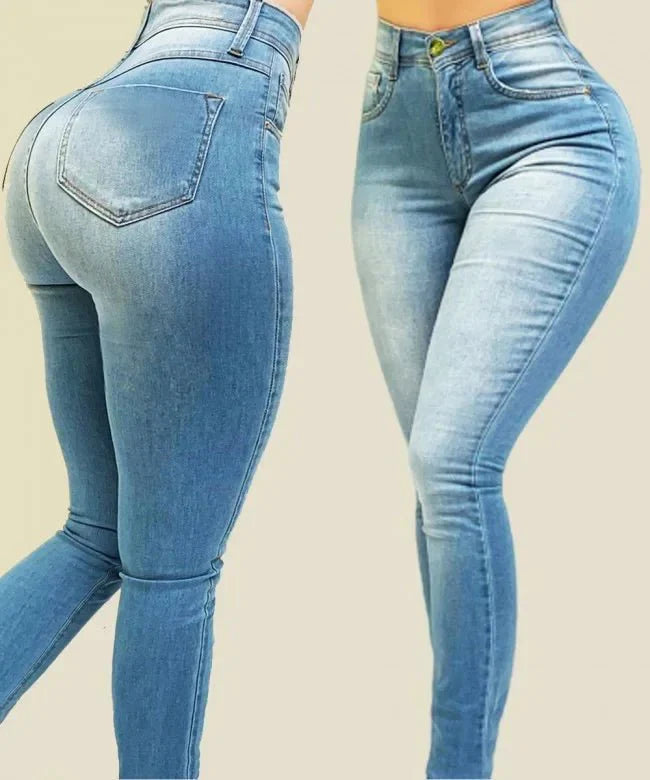 High waist skinny denim jeans for women by SHOWLU FASHION STORE, featuring a slim fit and classic blue cotton fabric.