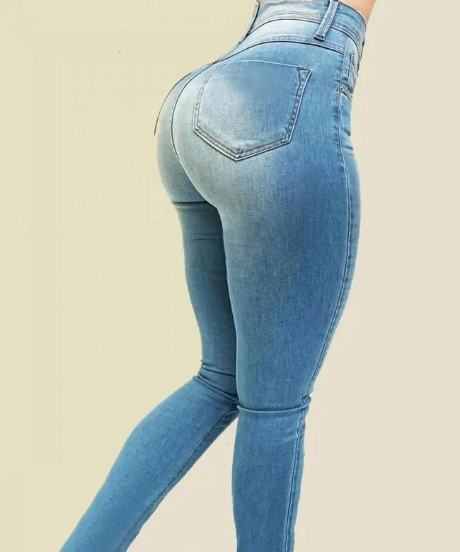 Women's high waist skinny denim jeans by SHOWLU FASHION STORE, slim fit cotton pants, perfect for street style and figure shaping.