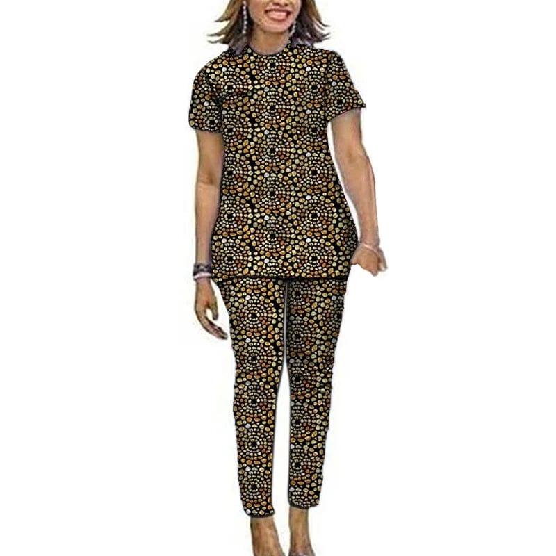 Showlu Fashion women's Ankara African print top and pants set with short sleeves, vibrant Nigerian-inspired traditional outfit.