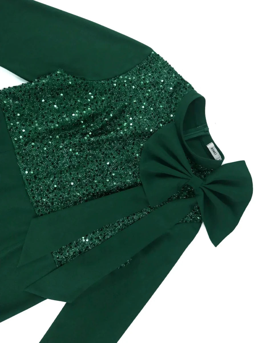 AOMEI women's green vintage mermaid dress with glitter patchwork, high neck, long sleeves, perfect for parties and formal events.