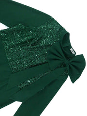Women Autumn Winter Green Vintage Christmas Party Dress High Neck Bow Long Sleeve Glitter Patchwork Slim Fit Gowns Formal Event - SHOWLU FASHION STORE