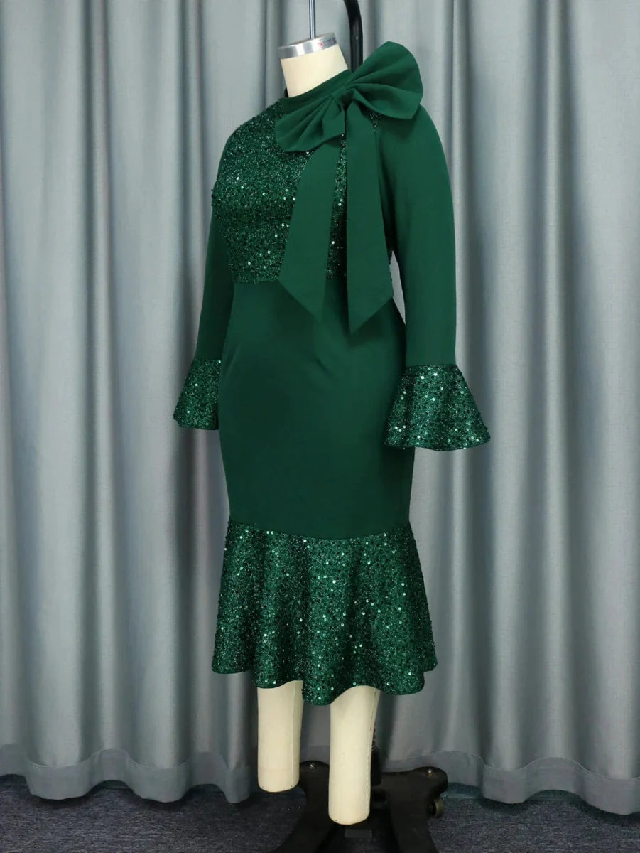 Green vintage glitter patchwork mermaid dress by SHOWLU FASHION STORE, women's slim fit party gown with high neck and long sleeves.