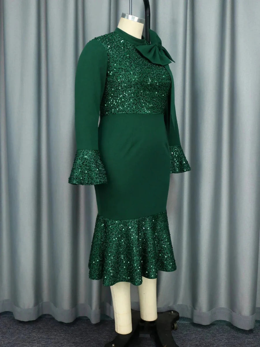 Green vintage glitter patchwork mermaid dress for women, high-neck long sleeves, perfect for parties and formal events.