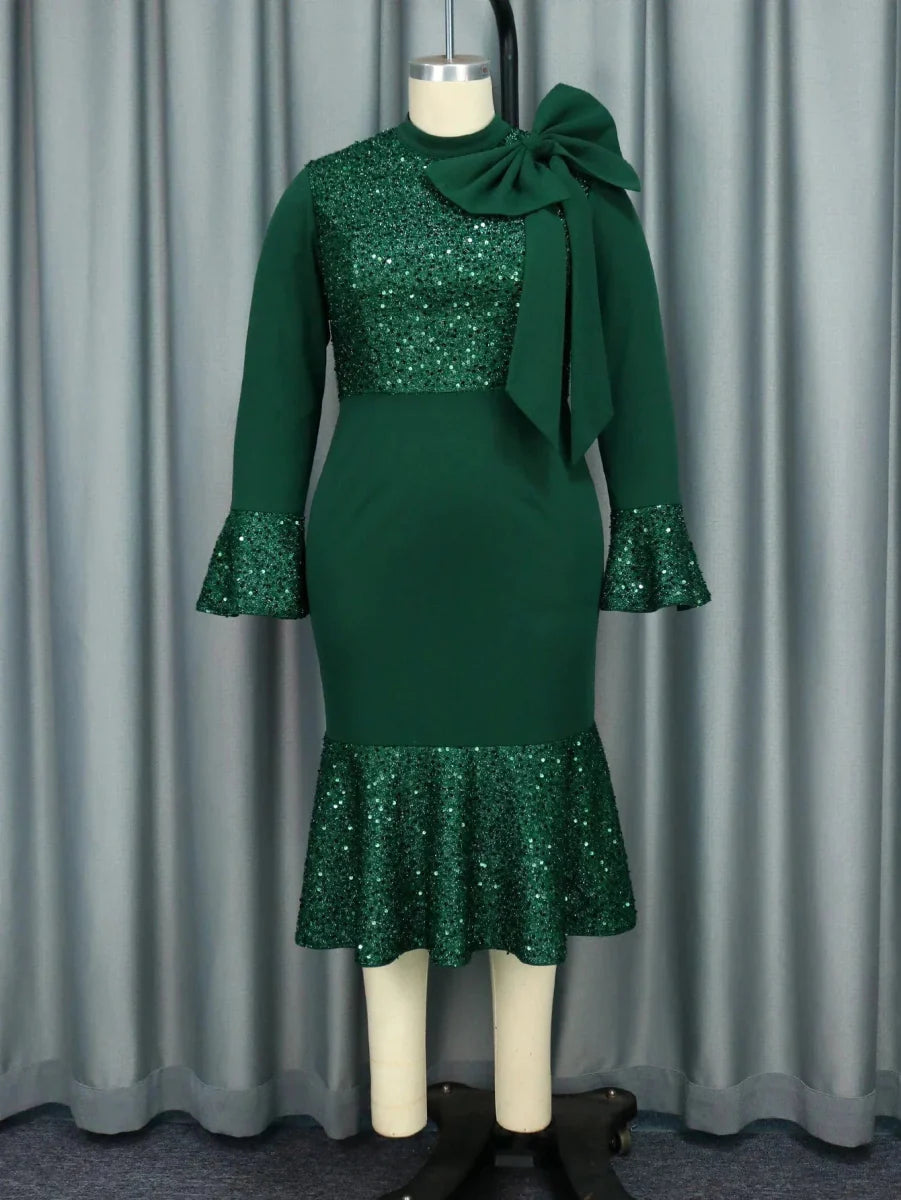 AOMEI Women's green vintage glitter patchwork mermaid dress with high neck, long sleeves, and bow for winter party and formal events.