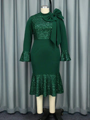 Women Autumn Winter Green Vintage Christmas Party Dress High Neck Bow Long Sleeve Glitter Patchwork Slim Fit Gowns Formal Event - SHOWLU FASHION STORE