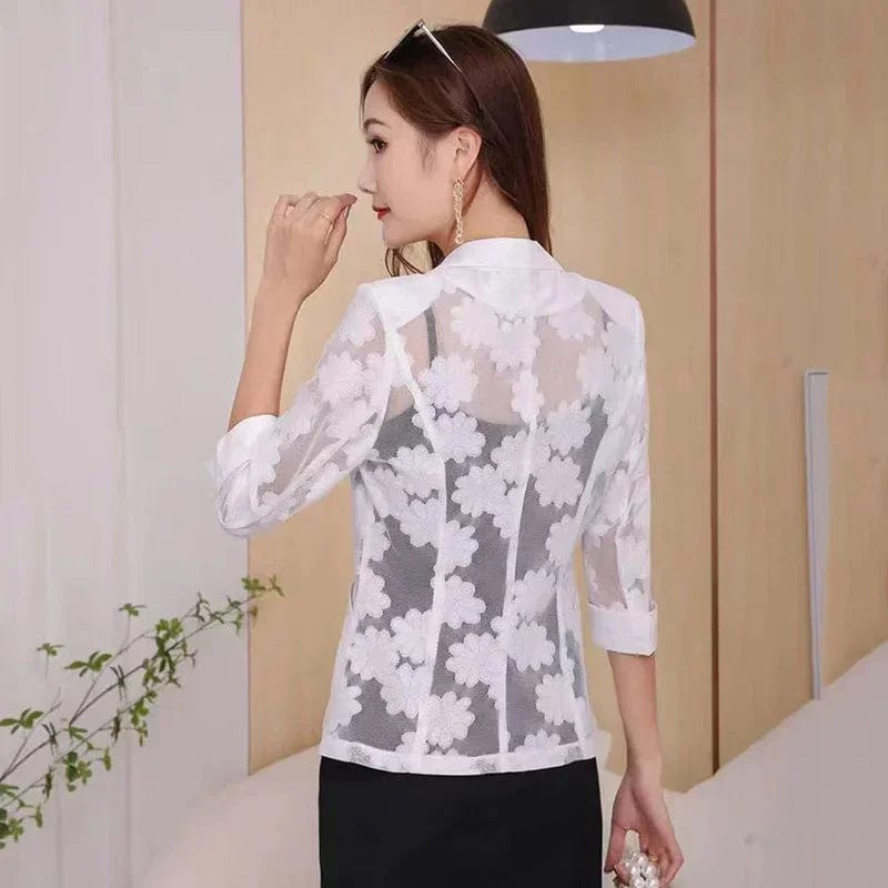 Women Blazer Jacket Spring Summer New Thin Cardigan Sun Protection Clothing Hollow Lace Three - quarter Sleeve Suit Top Ladies - SHOWLU FASHION STORE