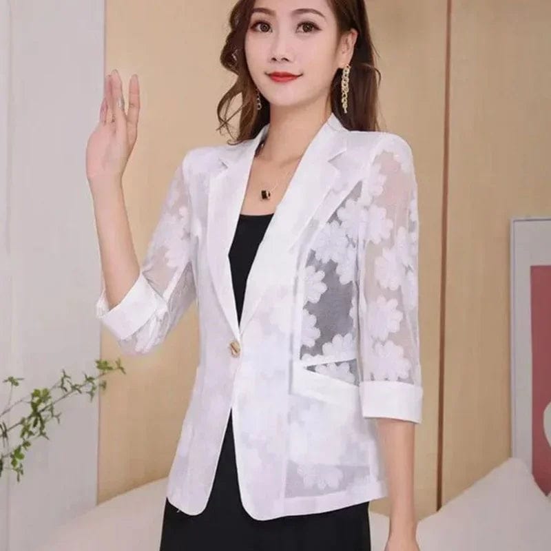 Women Blazer Jacket Spring Summer New Thin Cardigan Sun Protection Clothing Hollow Lace Three - quarter Sleeve Suit Top Ladies - SHOWLU FASHION STORE