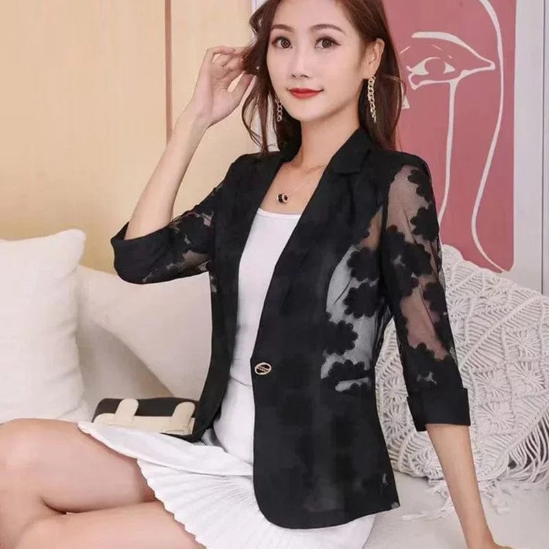 Women Blazer Jacket Spring Summer New Thin Cardigan Sun Protection Clothing Hollow Lace Three - quarter Sleeve Suit Top Ladies - SHOWLU FASHION STORE