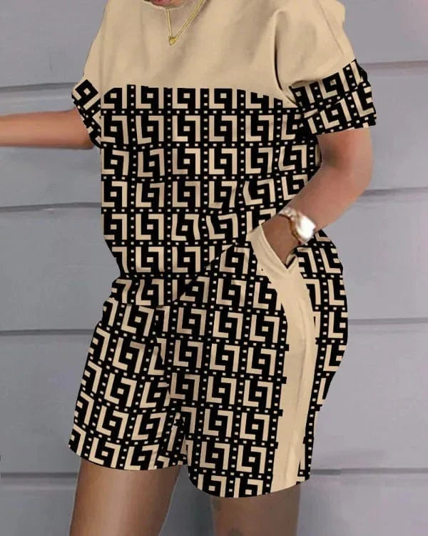 Owner Girl Women's summer two-piece set with letter print T-shirt and shorts, casual outfit for warm weather.
