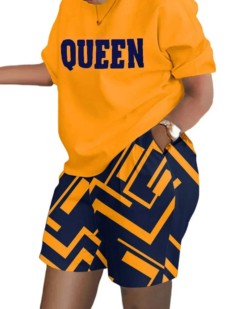 Owner Girl women's summer two-piece set with letter print T-shirt and shorts, casual outfit for warm weather.