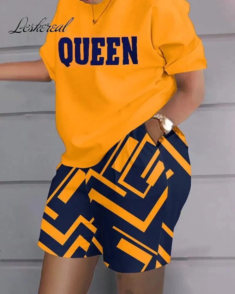 Owner Girl Women's summer two-piece set with letter print T-shirt and shorts, casual outfit for warm weather.