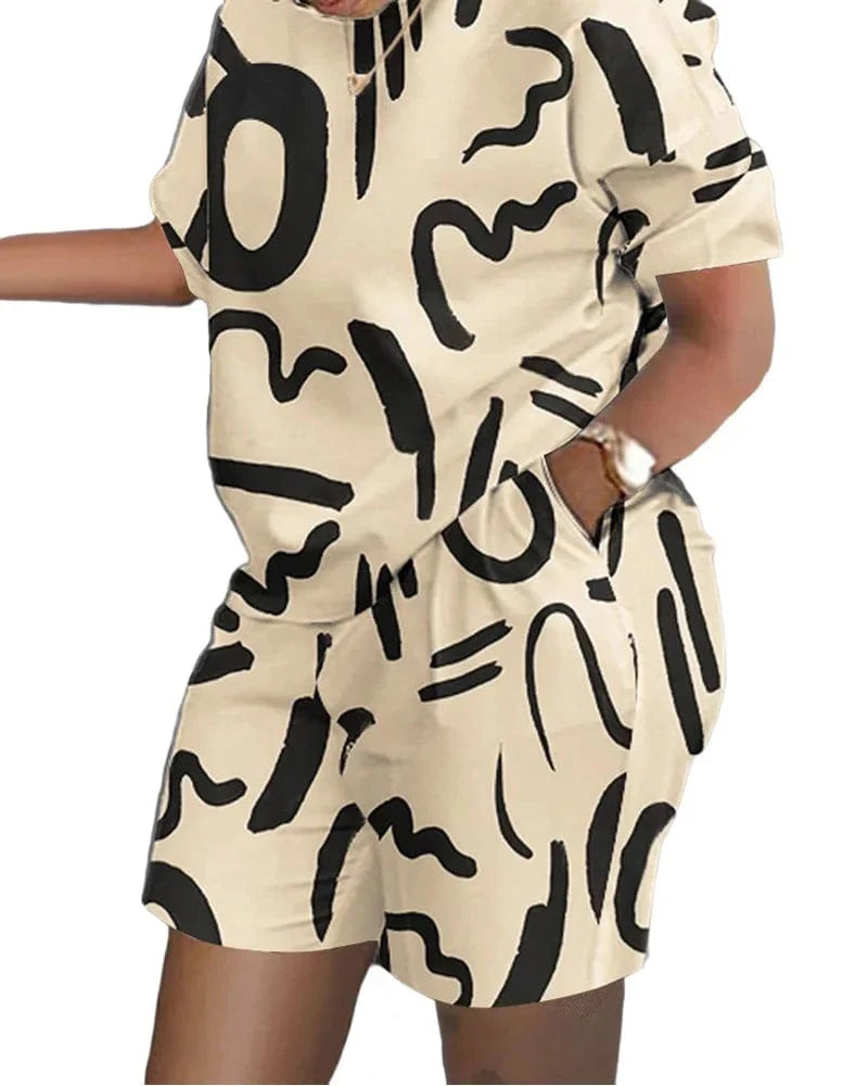 Owner Girl women's summer two-piece set with letter print T-shirt and shorts, casual and stylish for warm weather.