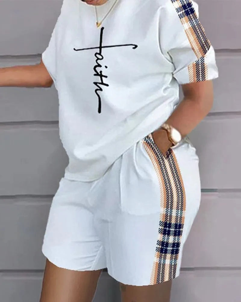 Owner Girl Women's summer two-piece set with letter print T-shirt and shorts, casual outfit for warm weather.