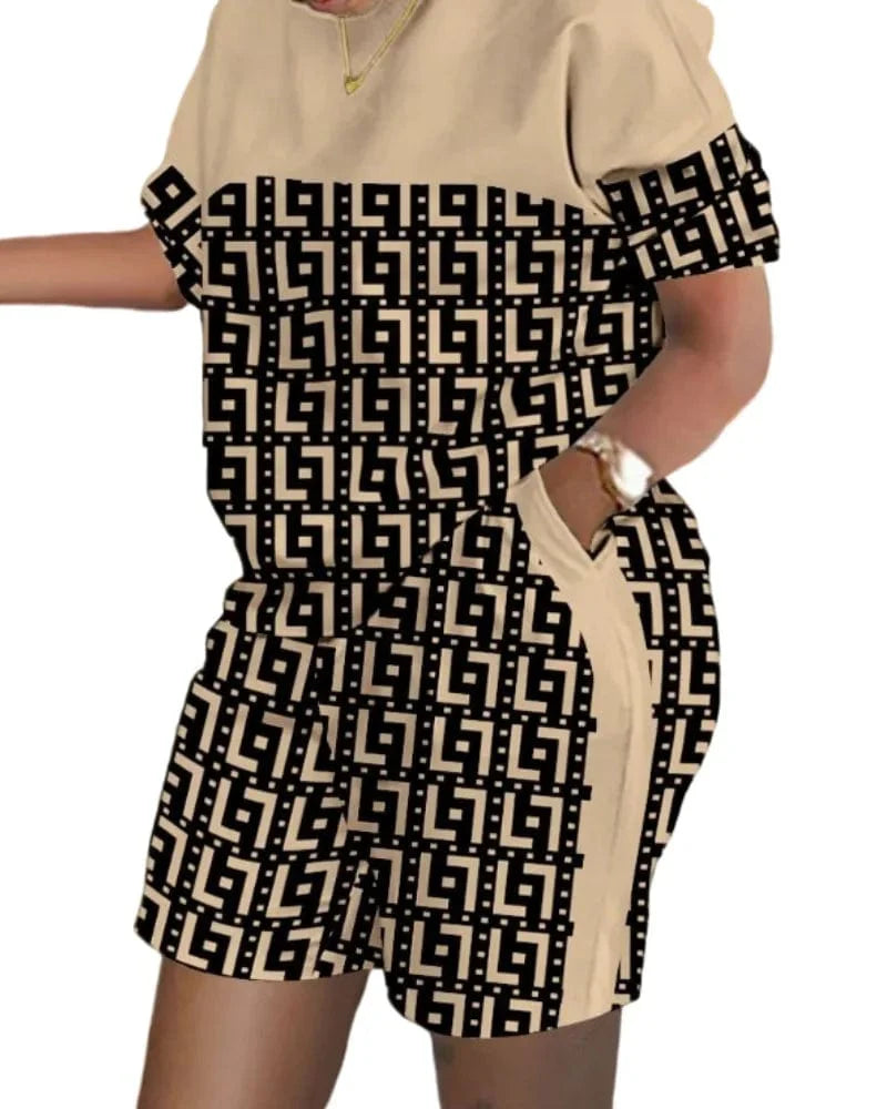 Owner Girl Women's summer two-piece set featuring a letter print T-shirt and matching shorts, casual outfit for warm weather.