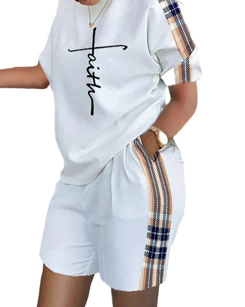 Owner Girl Women's summer two-piece set with letter print T-shirt and shorts, casual and stylish for warm weather.