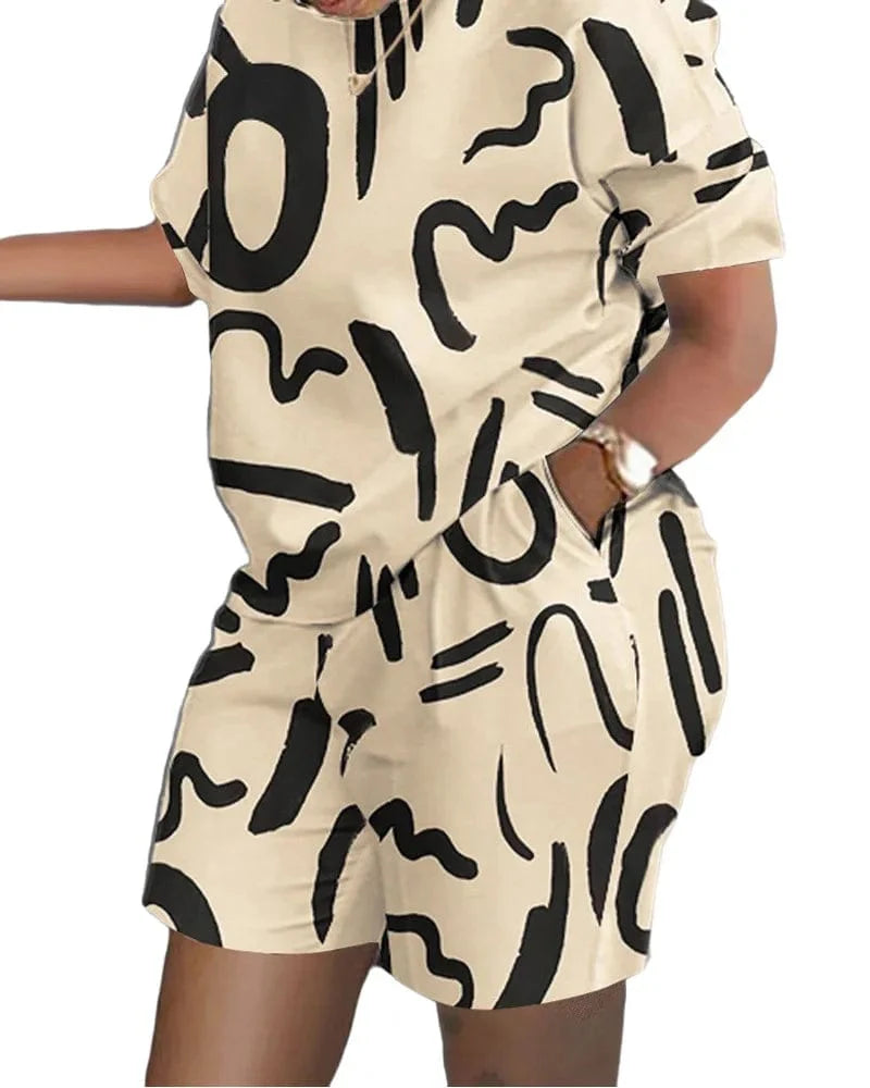 Owner Girl women's summer two-piece set with letter print T-shirt and shorts, casual outfit for warm weather.