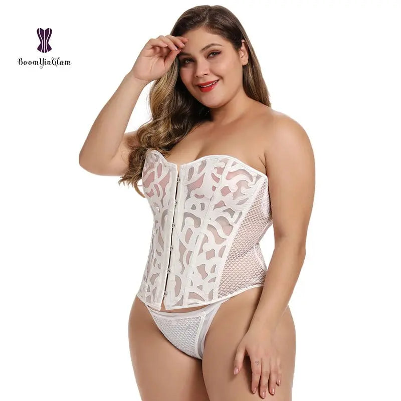 Women wearing a Showlu Fashion lace mesh bridal corset with matching thong, featuring transparent and hollow-out design.