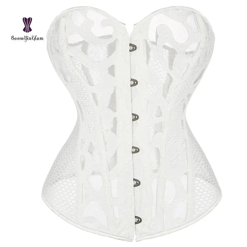 Showlu Fashion women's lace mesh bridal corset with thong, featuring transparent, hollow-out design and sexy lingerie details.
