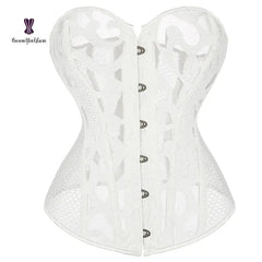 A white strapless corset featuring a transparent mesh base with an intricate lace overlay.