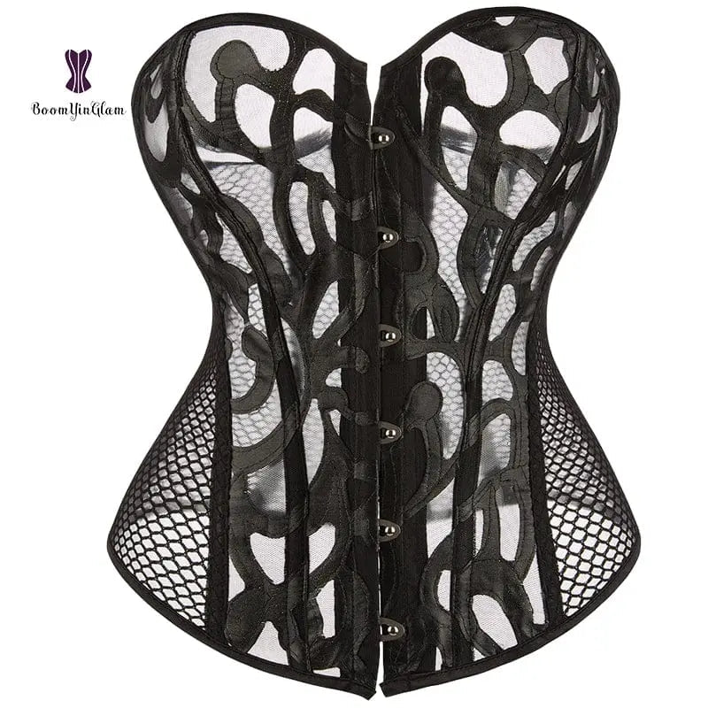 Women’s lace mesh bridal corset with thong from Showlu Fashion, featuring transparent, hollow-out design and erotic lingerie style.