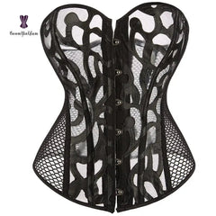 A black strapless corset featuring a sheer mesh base with intricate velvet-like cutout patterns.