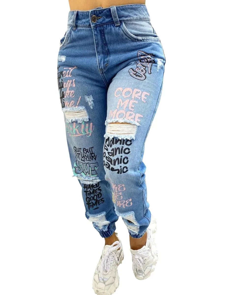 Women’s slim pencil denim jeans by Showlu Fashion Store featuring printed ankle-length design, pockets, zipper fly, and slight stretch.