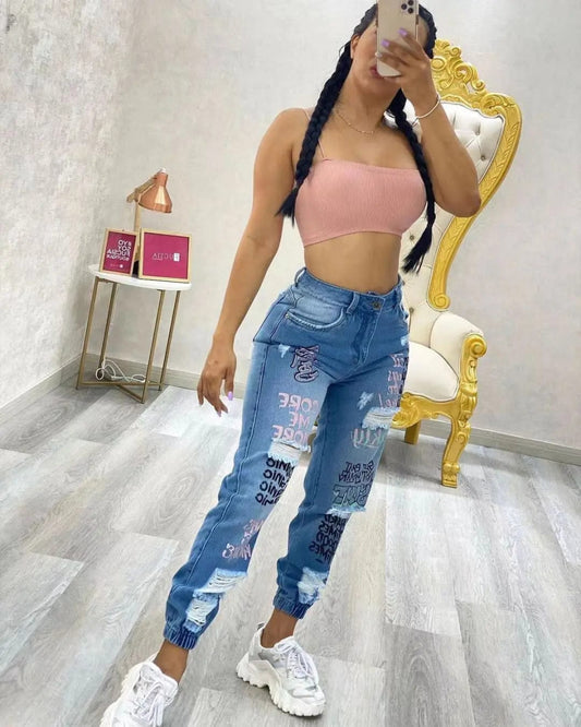 Women Denim Jeans Ankle Length Print Holes Pencil Pants Pockets Washing Slim Basics Zipper Fly Spring Flat Slight Strech - SHOWLU FASHION STORE
