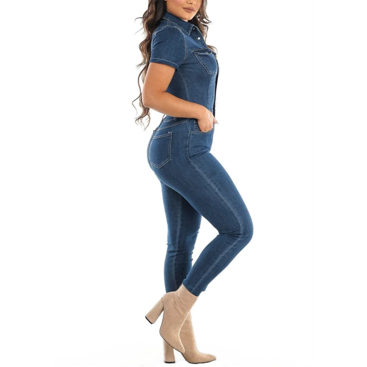Women wearing Showlu Fashion denim bodycon jumpsuit with high waist and sash, featuring a fitted pencil silhouette.