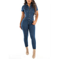 Women wearing Showlu Fashion denim bodycon jumpsuit with high waist and sash, showcasing a stylish and fitted denim romper.