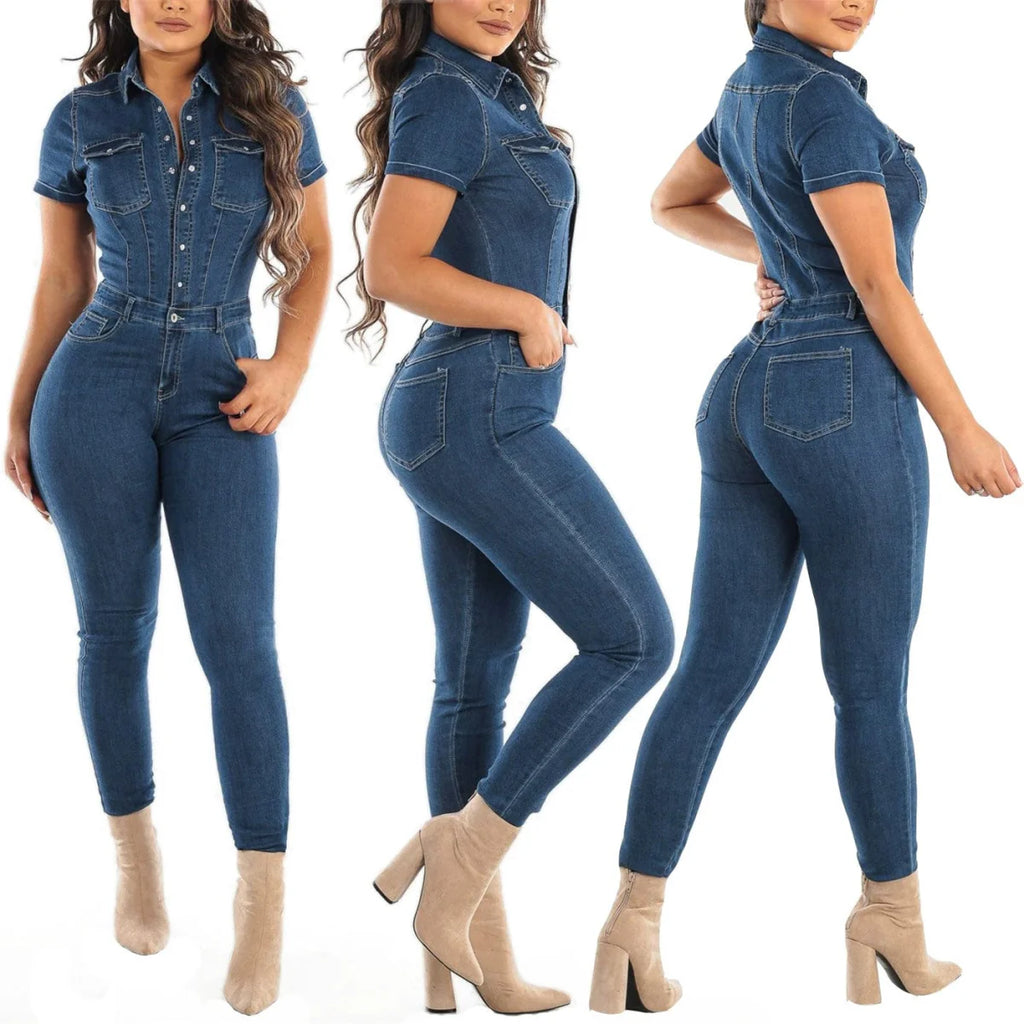 Women wearing Showlu Fashion high waist denim bodycon jumpsuit with sash, fitted pencil style, perfect for stylish casual wear.