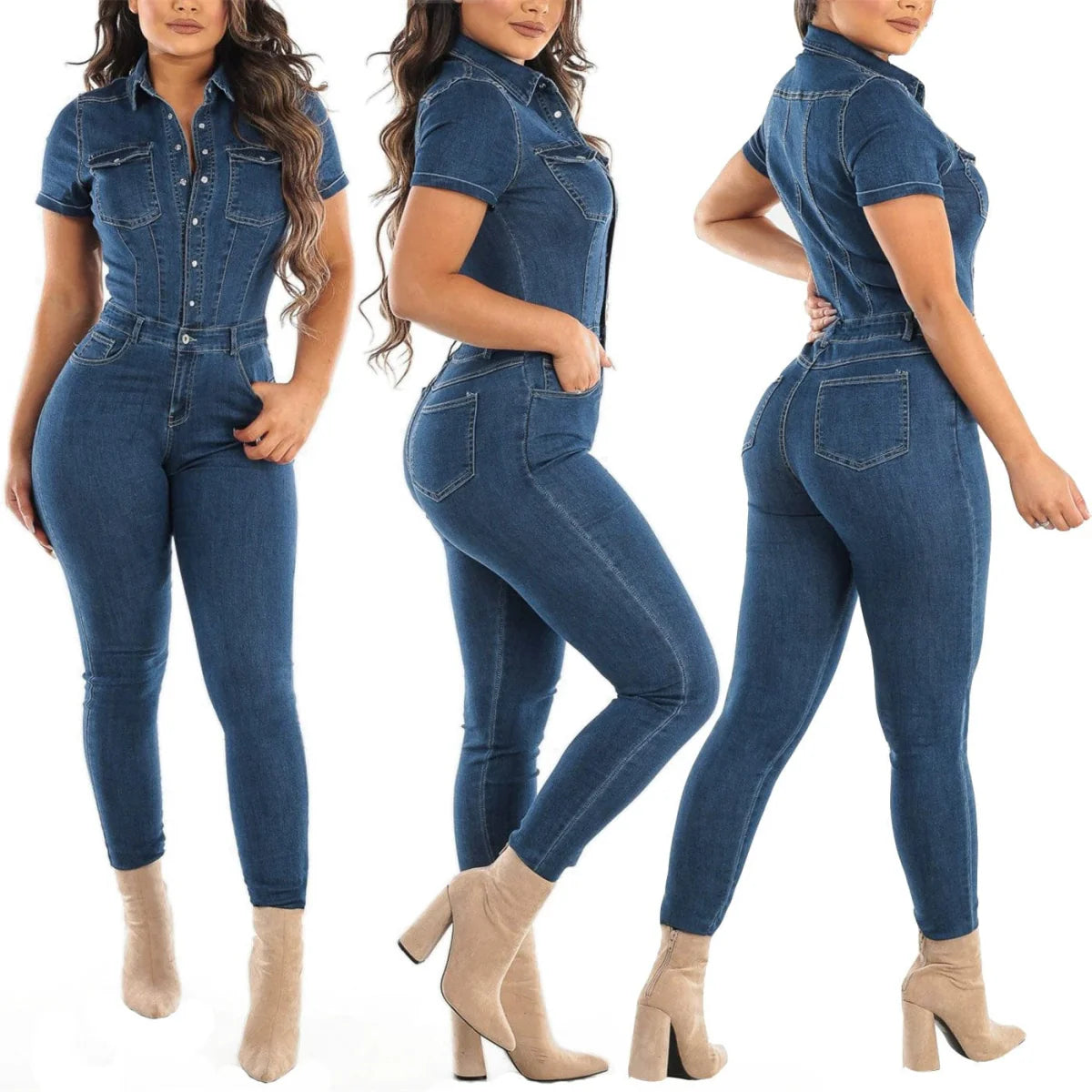 Women wearing Showlu Fashion high waist denim bodycon jumpsuit with sash, fitted pencil style, perfect for stylish casual wear.
