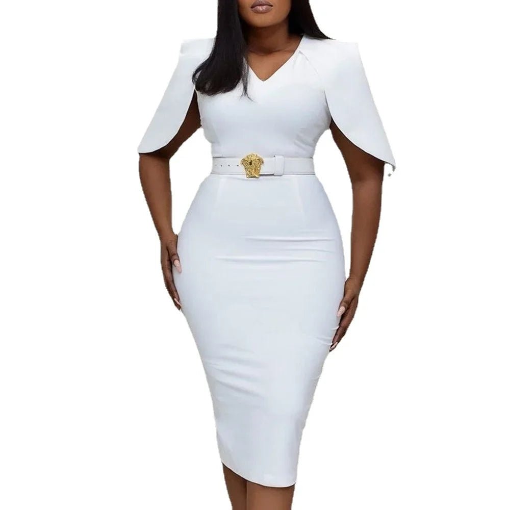 Women Elegant Formal Solid White Cape Sleeve Work Overalls High Waist Tight Bodycon Night Dress - SHOWLU FASHION STORE
