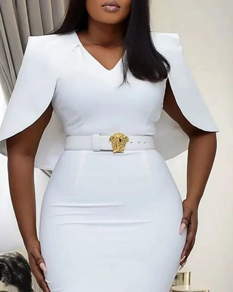 Elegant white cape sleeve bodycon dress for women, high waist sheath style, perfect for formal or evening occasions.
