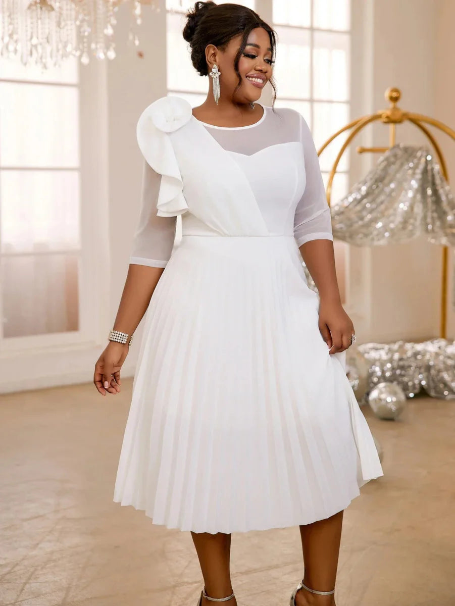 Elegant white pleated tulle dress by AOMEI, featuring ruffle details and high waist, perfect for wedding guest or evening events.