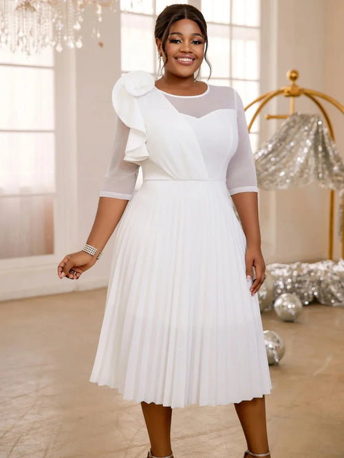 Elegant white A-line tulle dress for women, featuring pleats, ruffles, and half sleeves, perfect for wedding guests and evening events.