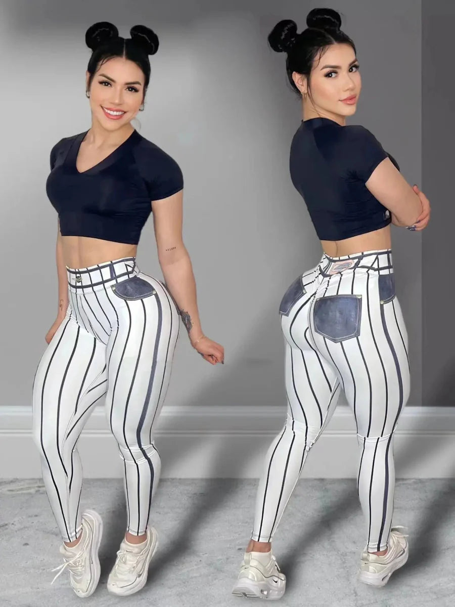 Women’s high waist yoga pants by Showlu Fashion with striped stretchable fabric, perfect for fitness, gym, or casual wear.
