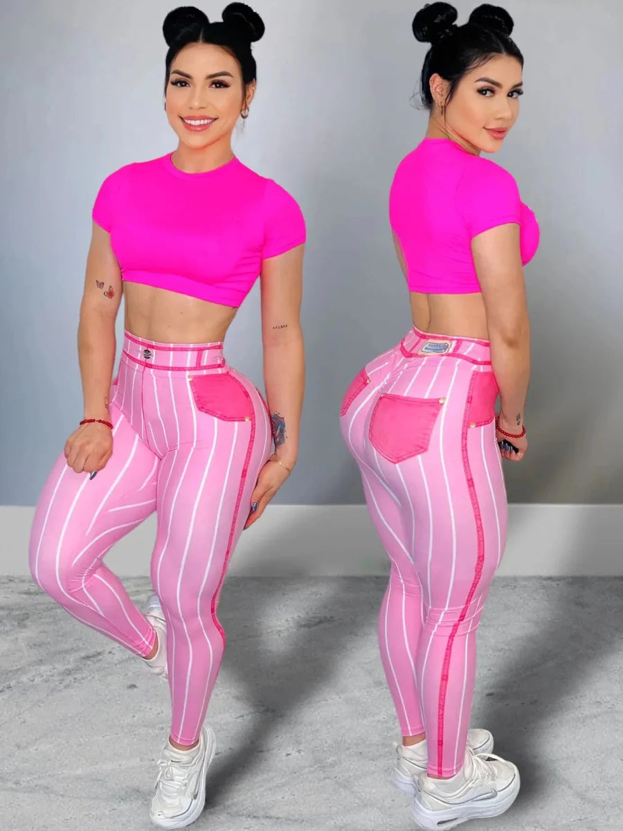 Women’s high waist striped yoga pants by Showlu Fashion, stretchy fitness leggings perfect for workout and casual wear.