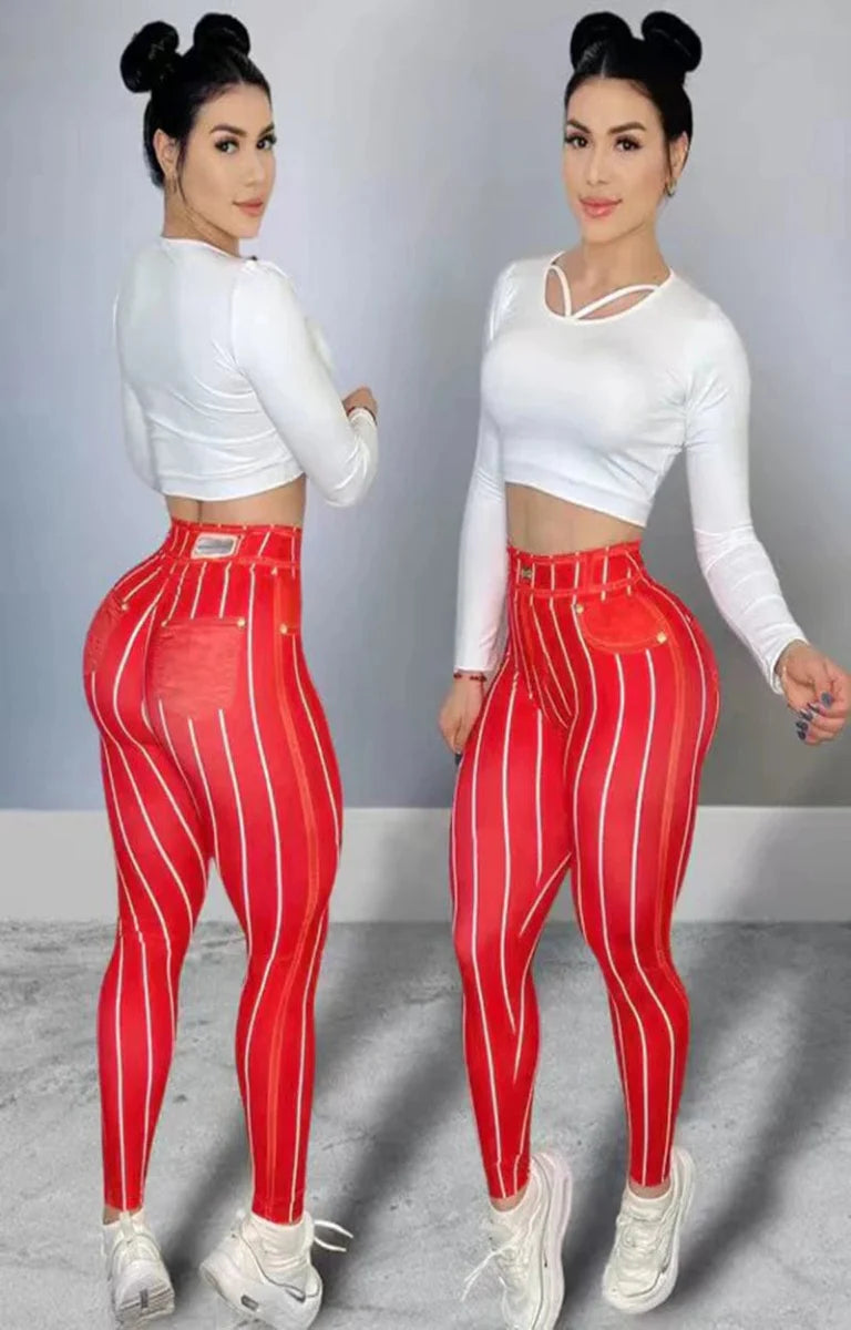 Women's high waist yoga pants by Showlu Fashion with striped stretchable fabric, perfect for fitness, yoga, and casual wear.