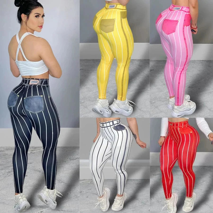 Women’s high waist striped yoga pants by Showlu Fashion, stretchable fitness leggings for workout, gym, and casual wear.