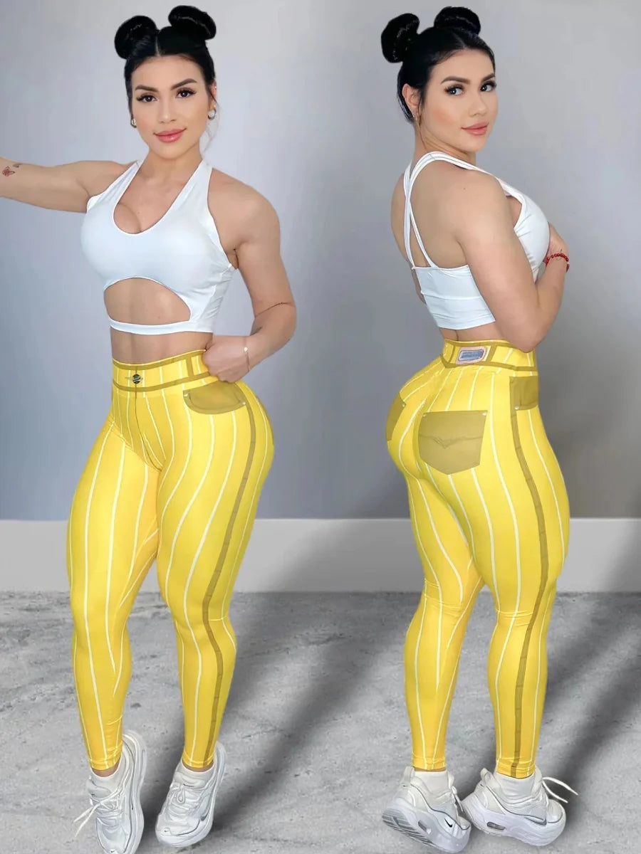 Women’s high waist yoga pants by Showlu Fashion, striped stretch-fit leggings ideal for fitness, workout, and casual wear.