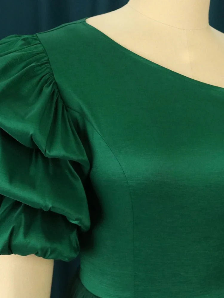 AOMEI women's shiny jumpsuit with skew collar, puff sleeves, high waist, slim fit, perfect for office or summer fashion.