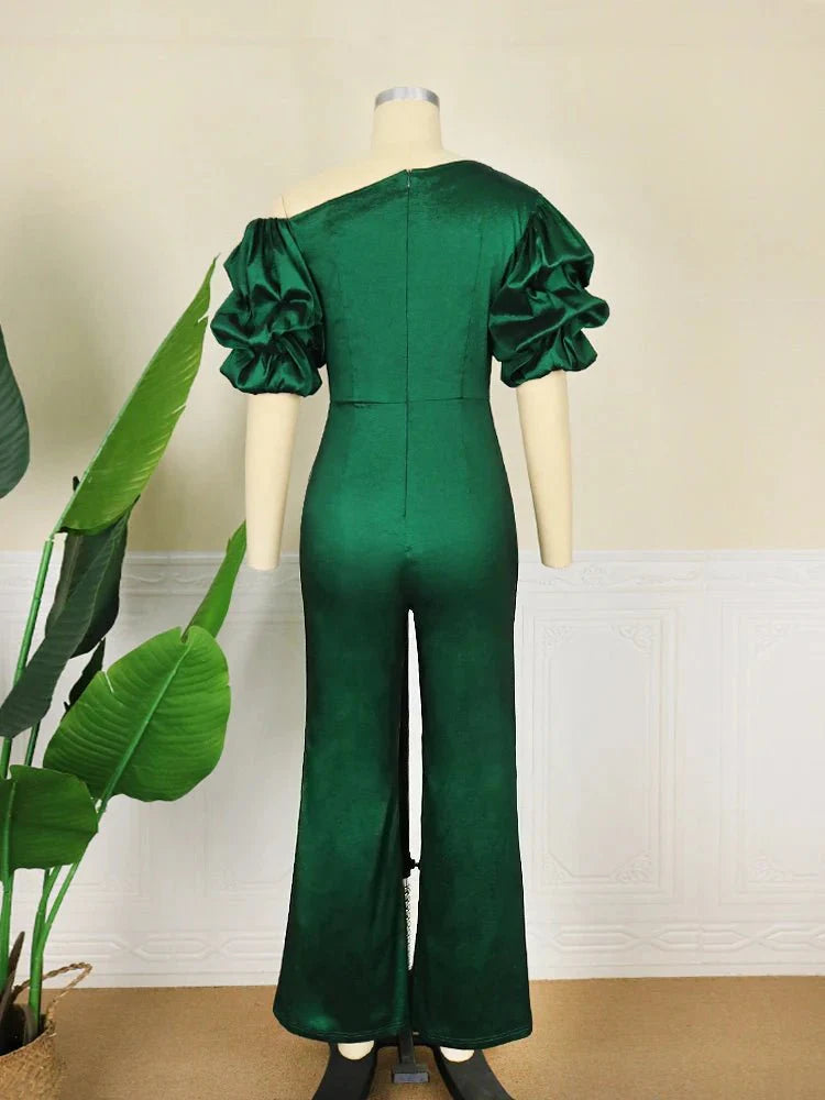 AOMEI women's shiny jumpsuit with skew collar, puff sleeves, high waist, slim fit, suitable for office or summer fashion.