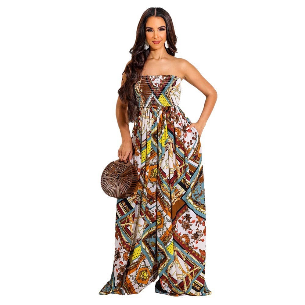 Women wearing Showlu Fashion women's loose wide-leg tube top jumpsuit, featuring a relaxed fit and summer style.