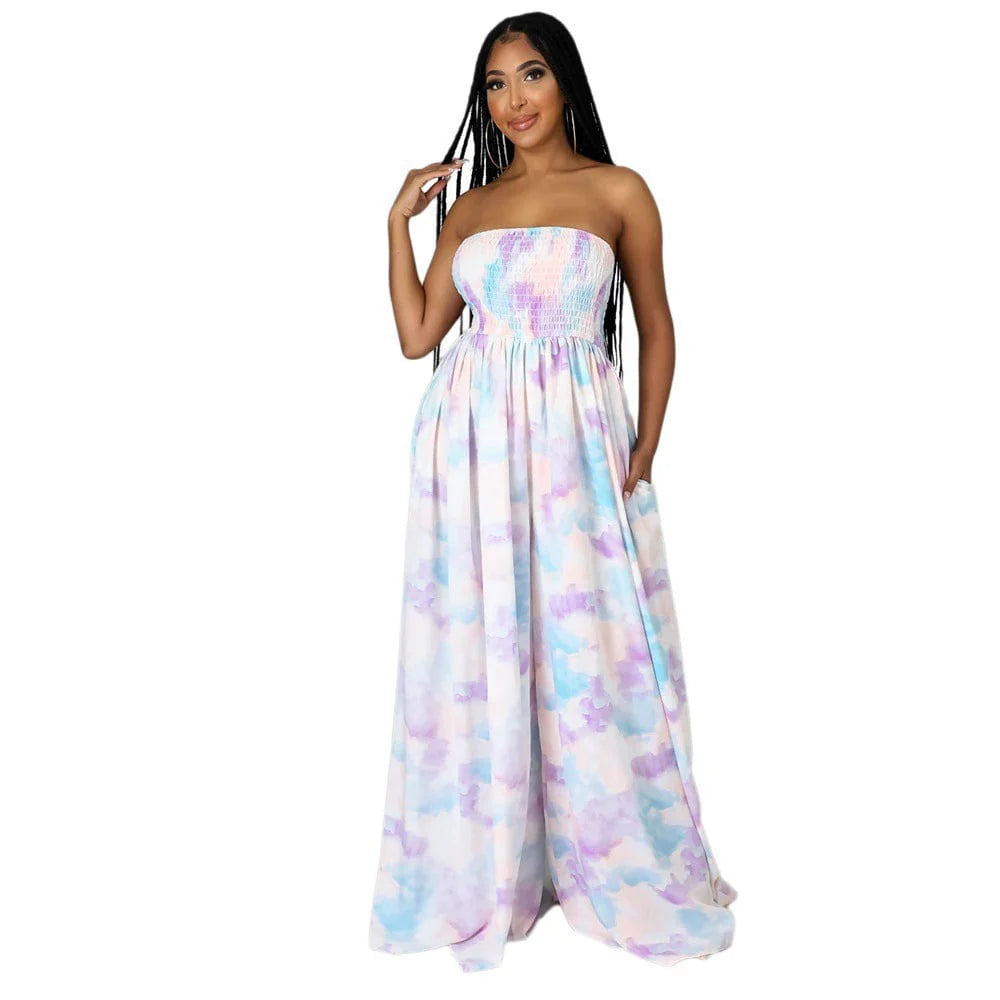 Women wearing Showlu Fashion women's loose wide-leg tube top jumpsuit, stylish summer one-piece with comfortable fit